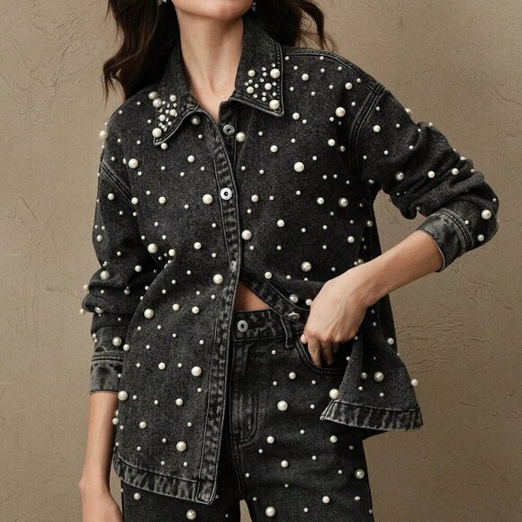 Black Casual Women's Long Cardigan Denim Shirt Blouse w/Pearls And Rhinestones - Picture 3 of 7